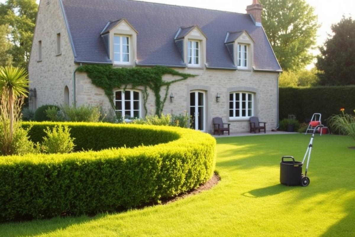 Haie taillée et pelouse entretenue devant une maison en Isère